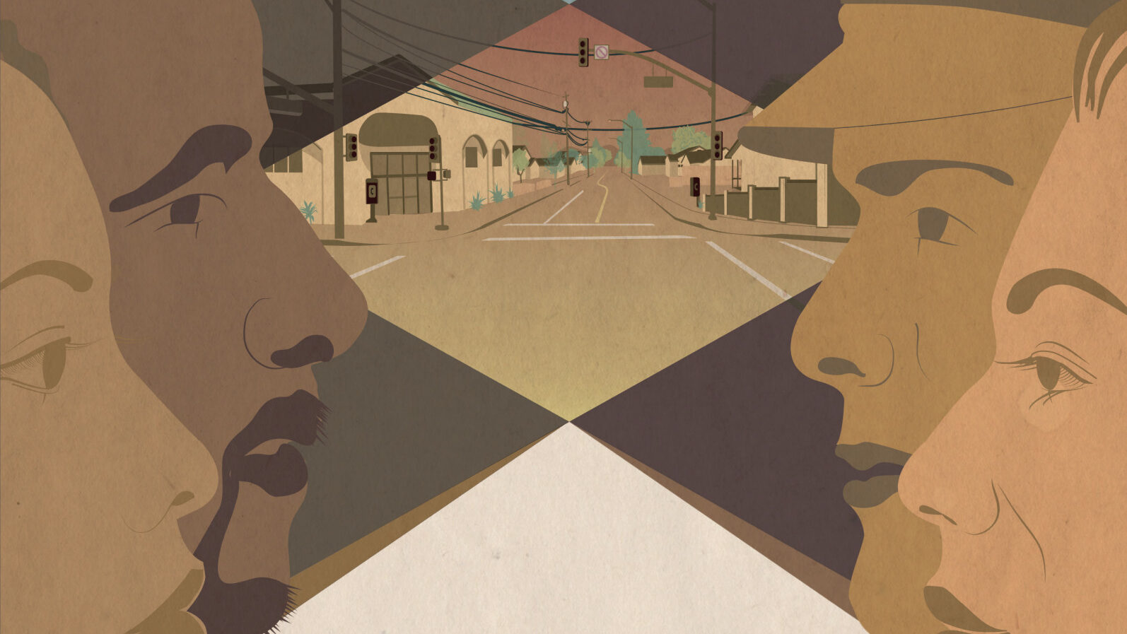 Diverse picture showing 4 people staring down at each other from a street.